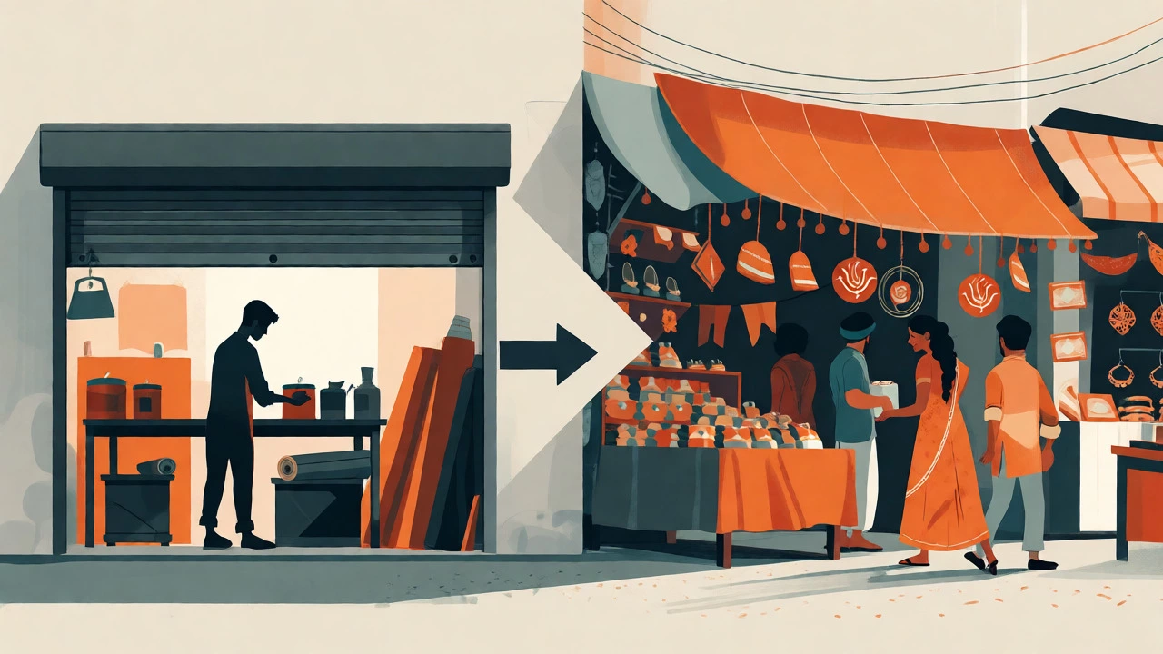 Illustration showing transition from home workshop to market stall