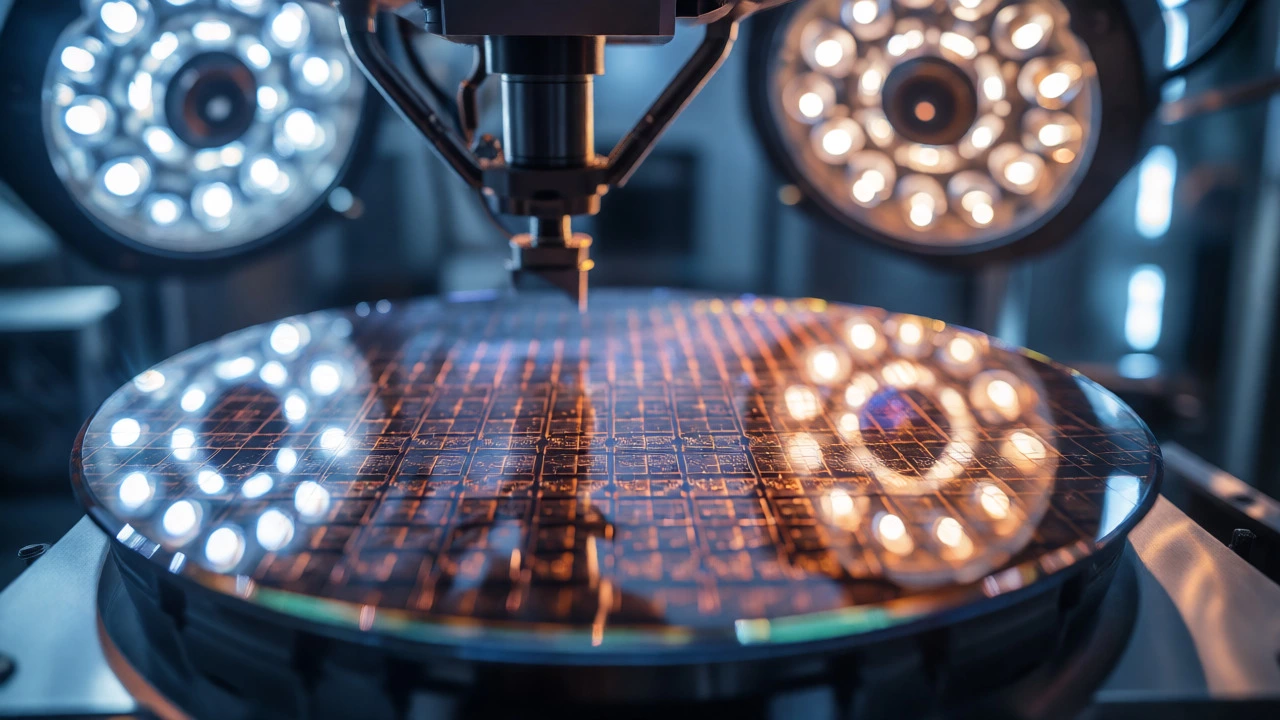 Macro shot of a silicon wafer in a cleanroom, symbolizing future local fab capabilities.