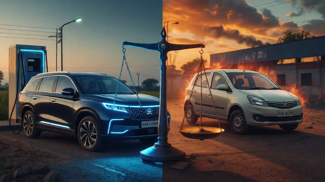 Split view comparing expensive EVs with limited infrastructure against traditional cars.