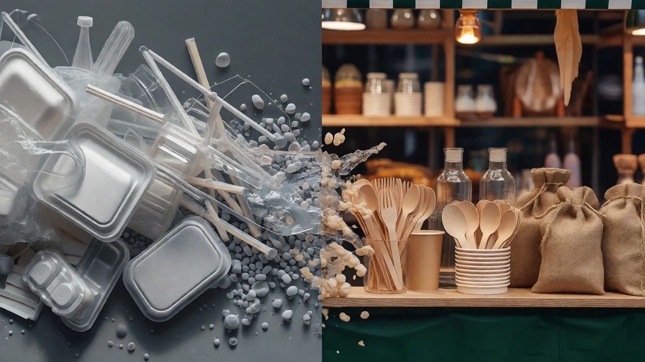 Split view comparing messy plastic waste piles with organized eco-friendly packaging alternatives.