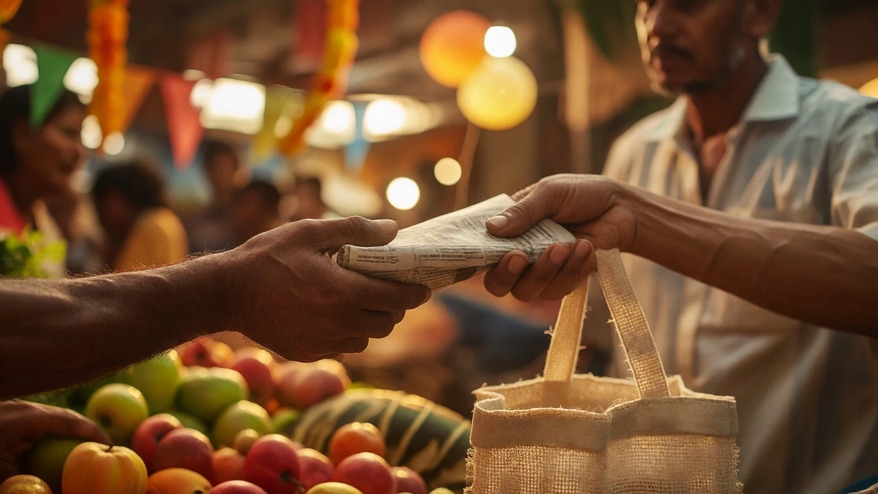 Vendor selling produce in reusable cloth bags in an Indian market, avoiding single-use plastics.