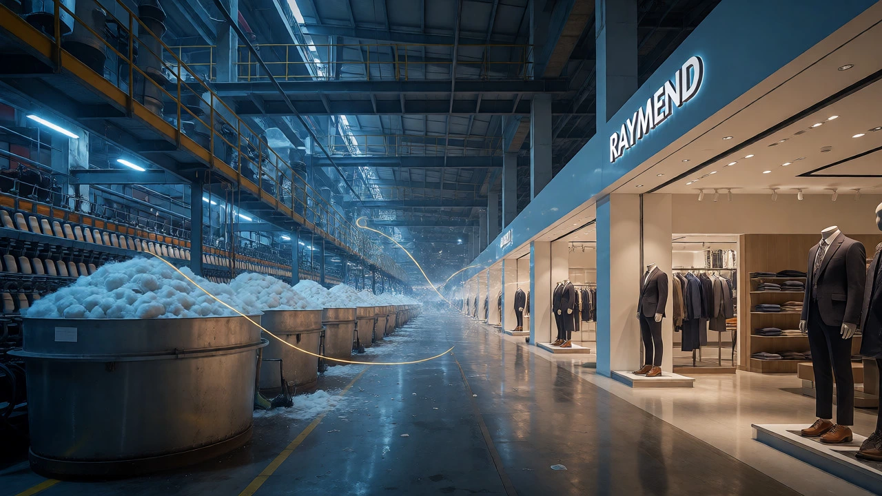 Visual journey from industrial fiber production to retail clothing display.