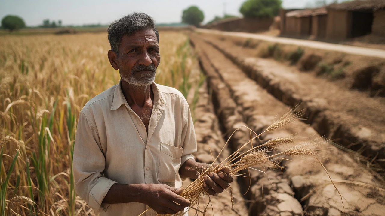 Worried farmer in dry fields representing rural economic distress.